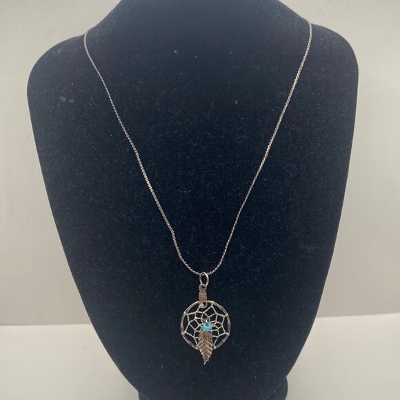 Vintage Sterling Silver Dreamcatcher Pendant Necklace 18" Feather Boho Western - Picture 3 of 10